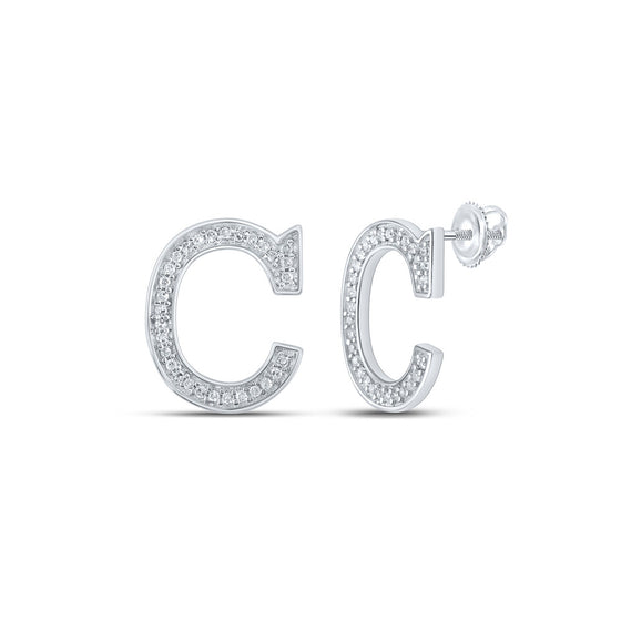 10k White Gold Womens Round Diamond C Initial Letter Earrings 1/8 Cttw