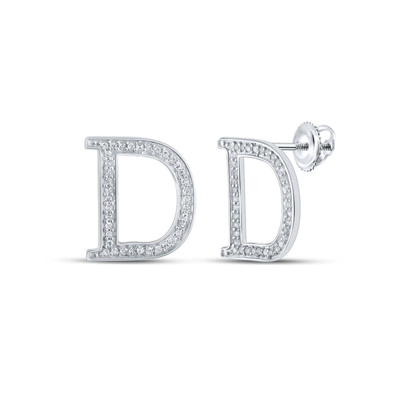 10k White Gold Womens Round Diamond D Initial Letter Earrings 1/6 Cttw