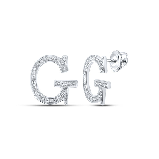 10k White Gold Womens Round Diamond G Initial Letter Earrings 1/6 Cttw