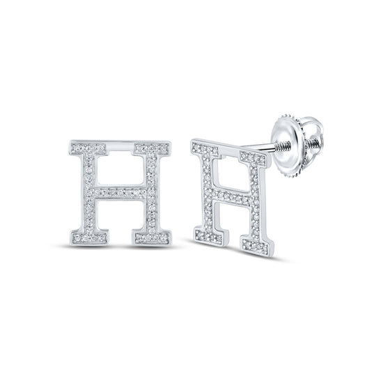 10k White Gold Womens Round Diamond H Initial Letter Earrings 1/5 Cttw