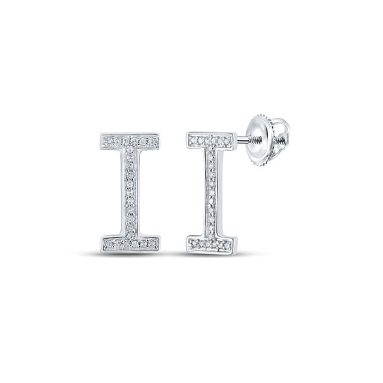 10k White Gold Womens Round Diamond I Initial Letter Earrings 1/10 Cttw