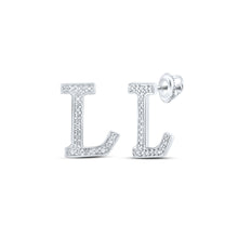  10k White Gold Womens Round Diamond L Initial Letter Earrings 1/10 Cttw