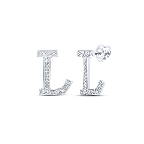 10k White Gold Womens Round Diamond L Initial Letter Earrings 1/10 Cttw