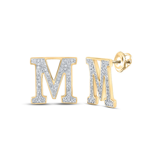 10k Yellow Gold Womens Round Diamond M Initial Letter Earrings 1/4 Cttw