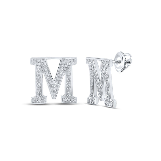 10k White Gold Womens Round Diamond M Initial Letter Earrings 1/4 Cttw