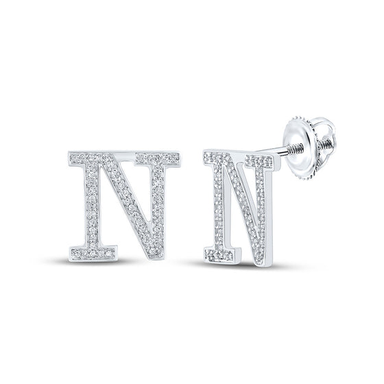 10k White Gold Womens Round Diamond N Initial Letter Earrings 1/5 Cttw
