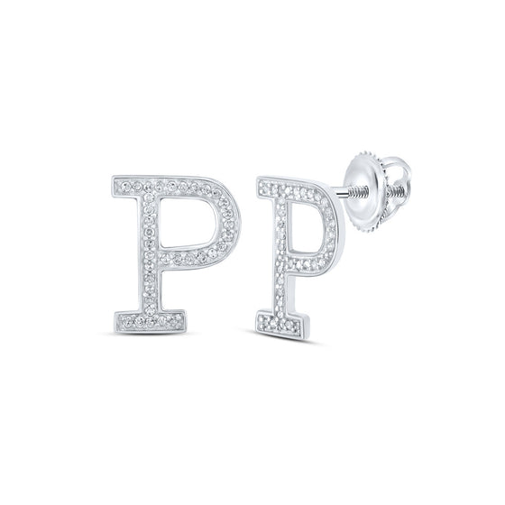 10k White Gold Womens Round Diamond P Initial Letter Earrings 1/8 Cttw