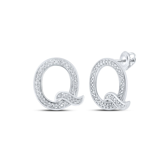 10k White Gold Womens Round Diamond Q Initial Letter Earrings 1/6 Cttw