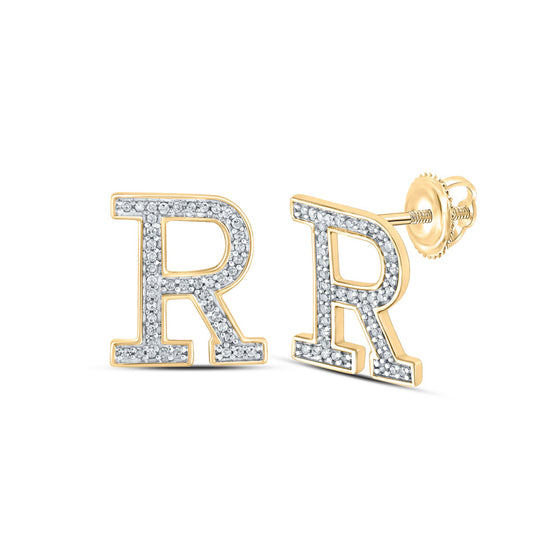 10k Yellow Gold Womens Round Diamond R Initial Letter Earrings 1/6 Cttw