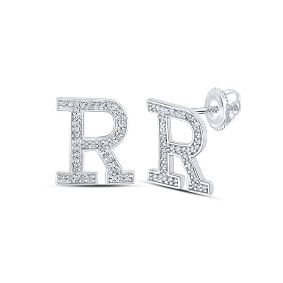 10k White Gold Womens Round Diamond R Initial Letter Earrings 1/6 Cttw