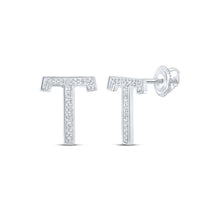  10k White Gold Womens Round Diamond T Initial Letter Earrings 1/10 Cttw