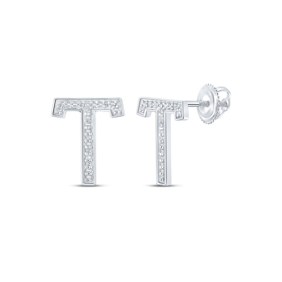 10k White Gold Womens Round Diamond T Initial Letter Earrings 1/10 Cttw