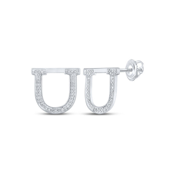 10k White Gold Womens Round Diamond U Initial Letter Earrings 1/6 Cttw
