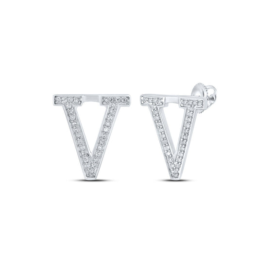 10k White Gold Womens Round Diamond V Initial Letter Earrings 1/8 Cttw