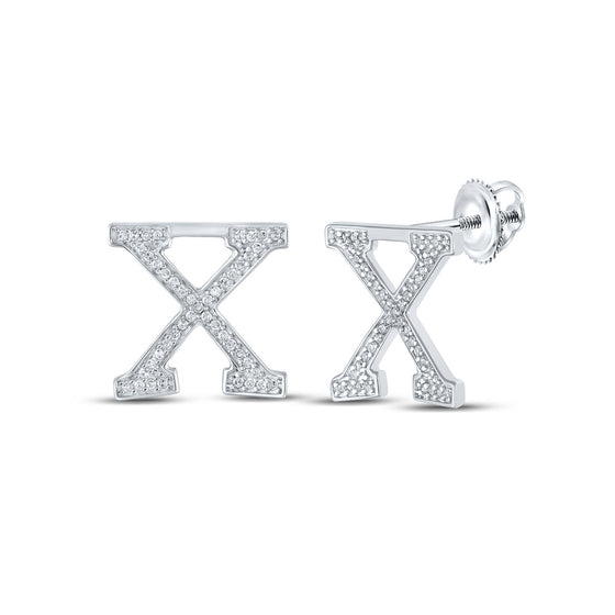 10k White Gold Womens Round Diamond X Initial Letter Earrings 1/5 Cttw