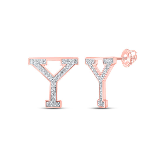 10k Rose Gold Womens Round Diamond Y Initial Letter Earrings 1/8 Cttw