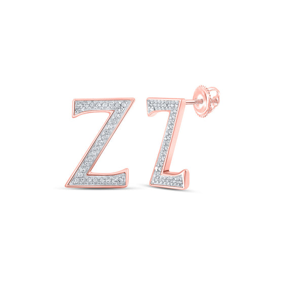 10k Rose Gold Womens Round Diamond Z Initial Letter Earrings 1/8 Cttw