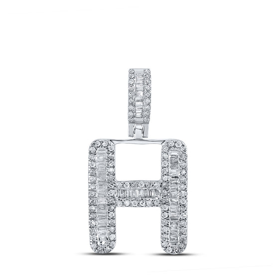 10k White Gold Mens Baguette Diamond H Initial Letter Pendant 1/2 Cttw