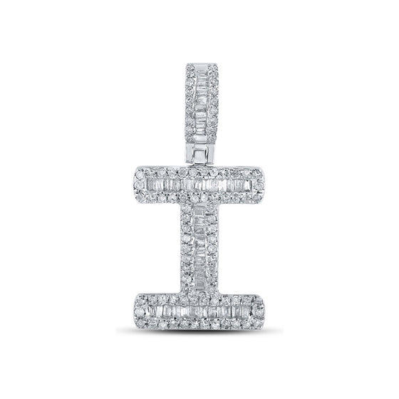 10k White Gold Mens Baguette Diamond I Initial Letter Pendant 3/8 Cttw