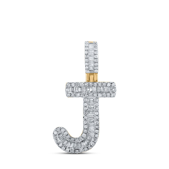 10k Yellow Gold Mens Baguette Diamond J Initial Letter Pendant 3/8 Cttw