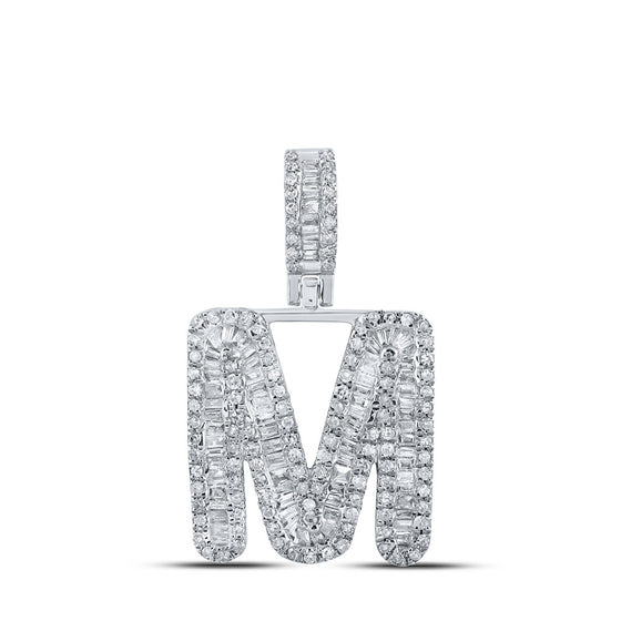 10k White Gold Mens Baguette Diamond M Initial Letter Pendant 3/4 Cttw