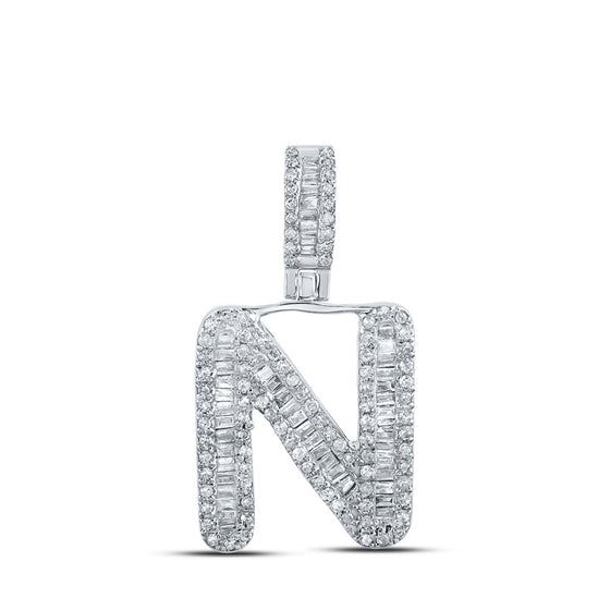 10k White Gold Mens Baguette Diamond N Initial Letter Pendant 1/2 Cttw