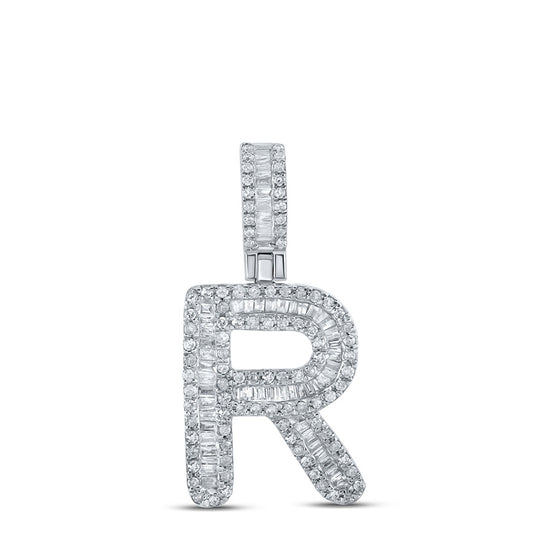 10k White Gold Mens Baguette Diamond R Initial Letter Pendant 1/2 Cttw