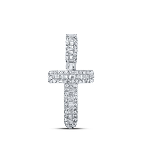 10k White Gold Mens Baguette Diamond T Initial Letter Pendant 1/3 Cttw