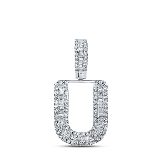 10k White Gold Mens Baguette Diamond U Initial Letter Pendant 3/8 Cttw