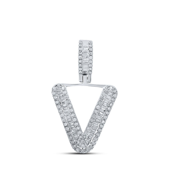 10k White Gold Mens Baguette Diamond V Initial Letter Charm Pendant 3/8 Cttw