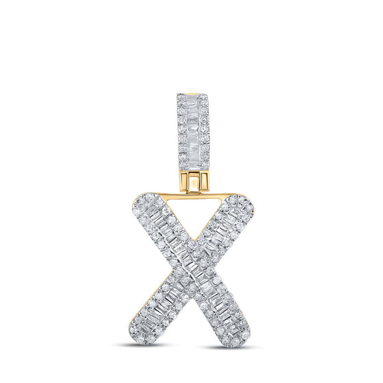 10k Yellow Gold Mens Baguette Diamond X Initial Letter Pendant 3/8 Cttw