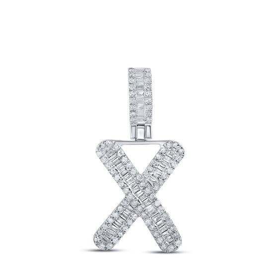 10k White Gold Mens Baguette Diamond X Initial Letter Pendant 3/8 Cttw