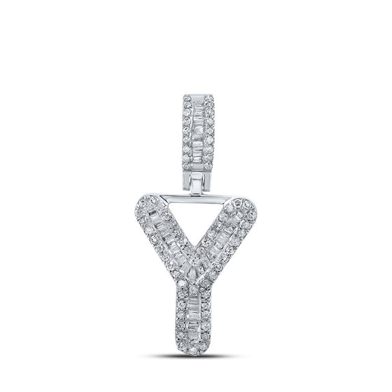 10k White Gold Mens Baguette Diamond Y Initial Letter Pendant 1/3 Cttw