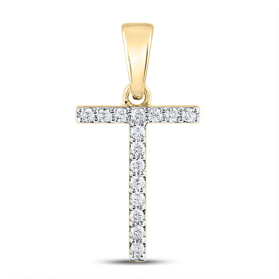 14k Yellow Gold Womens Round Diamond T Initial Letter Pendant 1/8 Cttw