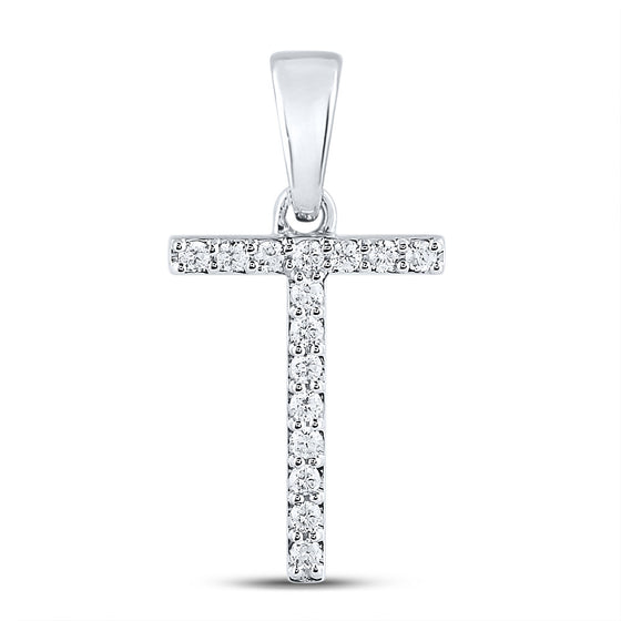 14k White Gold Womens Round Diamond T Initial Letter Pendant 1/8 Cttw