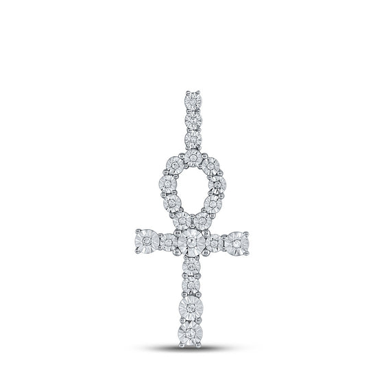 10k White Gold Mens Round Diamond Ankh Cross Charm Pendant 1/5 Cttw