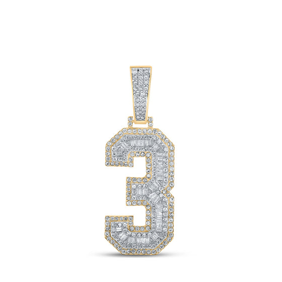 10k Two-tone Gold Mens Baguette Diamond Number 3 Charm Pendant 1-1/2 Cttw