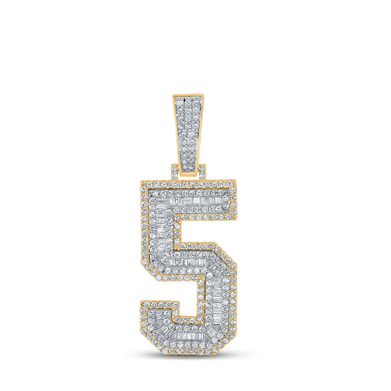 10k Two-tone Gold Mens Baguette Diamond Number 5 Charm Pendant 1-5/8 Cttw