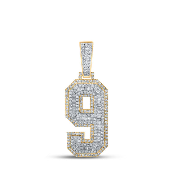 10k Two-tone Gold Mens Baguette Diamond Number 9 Charm Pendant 1-5/8 Cttw