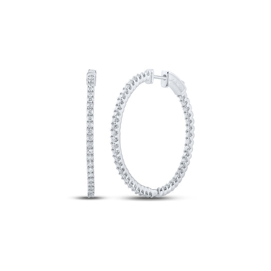 14k White Gold Womens Round Diamond Slender In Out Hoop Earrings 3 Cttw