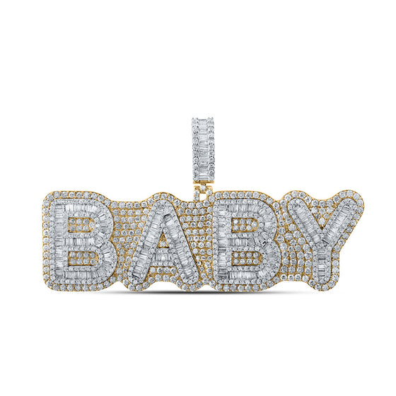 10k Two-tone Gold Mens Baguette Diamond BABY Phrase Charm Pendant 6-1/2 Cttw