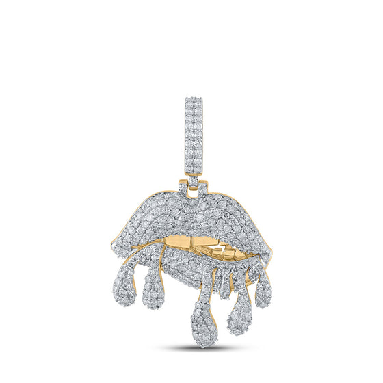 10k Yellow Gold Mens Round Diamond Dripping Lips Charm Pendant 3-1/5 Cttw