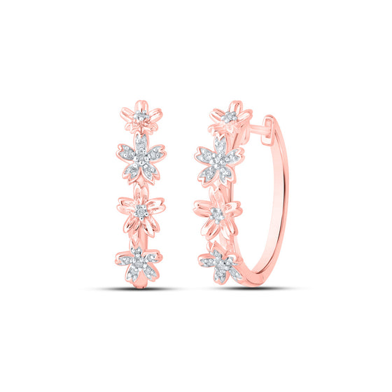 10k Rose Gold Womens Round Diamond Flower Hoop Earrings 1/8 Cttw
