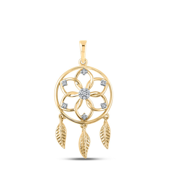 10k Yellow Gold Womens Round Diamond Dream Catcher Circle Pendant 1/20 Cttw