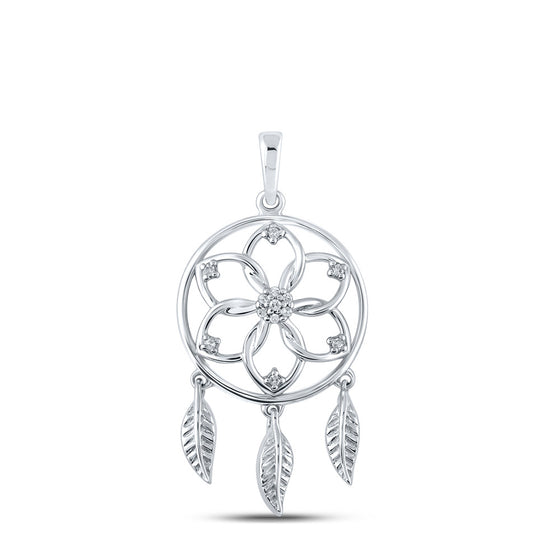 10k White Gold Womens Round Diamond Dream Catcher Circle Pendant 1/20 Cttw