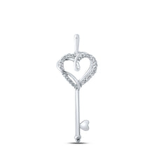  10k White Gold Womens Round Diamond Heart Key Pendant 1/12 Cttw