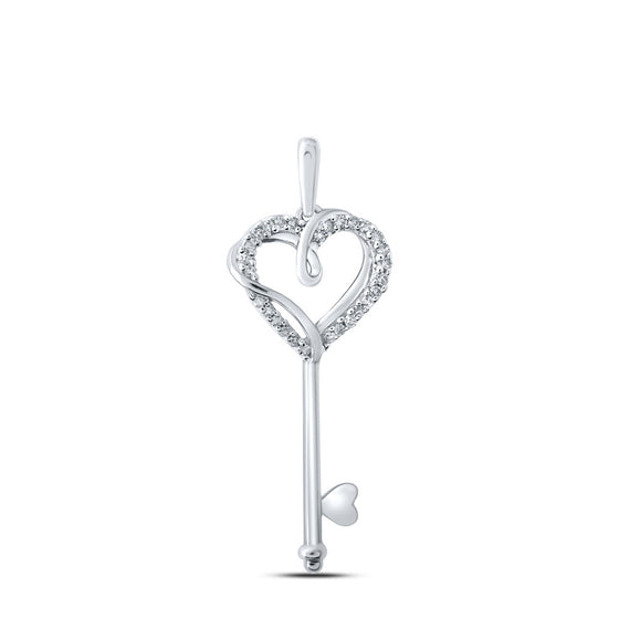 10k White Gold Womens Round Diamond Heart Key Pendant 1/12 Cttw