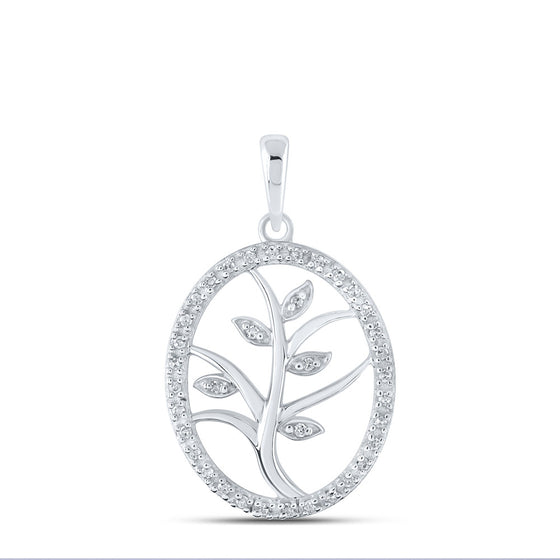 10k White Gold Womens Round Diamond Tree Oval Pendant 1/10 Cttw