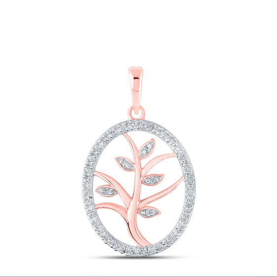 10k Rose Gold Womens Round Diamond Tree Oval Pendant 1/10 Cttw