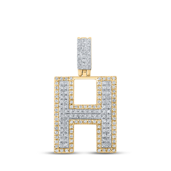 10k Two-tone Gold Mens Round Diamond H Initial Letter Pendant 1/2 Cttw